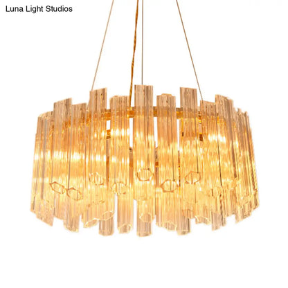 ثريا دائرية حديثة: كريستال شفاف مُضلّع، 8 رؤوس، وحدة إضاءة ذهبية معلقة