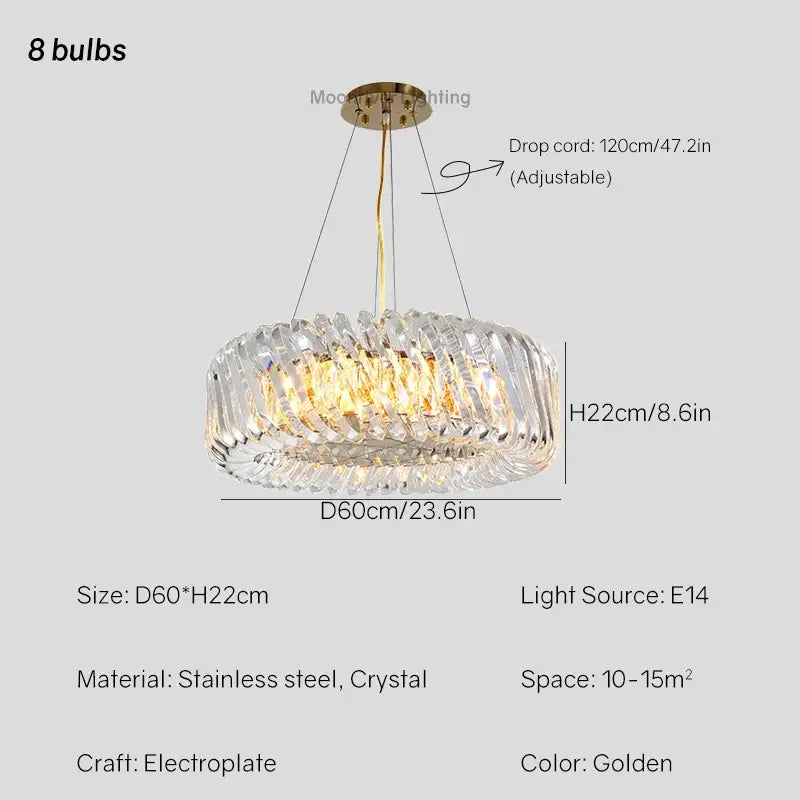 Modern circular crystal led ceiling chandelier in gold with stainless steel and eight bulbs for dining room decorbites crystal led