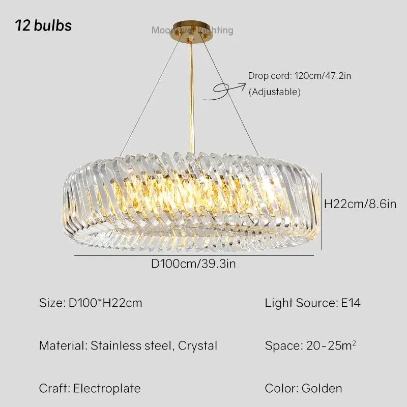 Modern circular crystal led ceiling chandelier with 12 bulbs made of golden stainless steel for dining room decorbites crystal led
