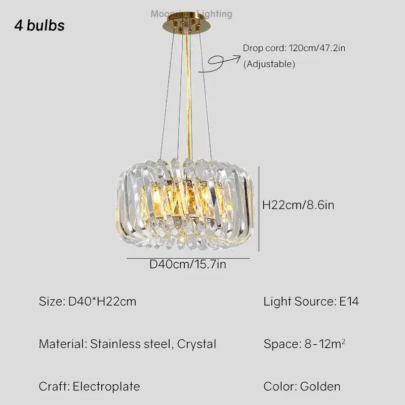 Golden electroplated modern circular crystal led ceiling chandelier with four bulbs and crystal prisms for dining room decorbites crystal led