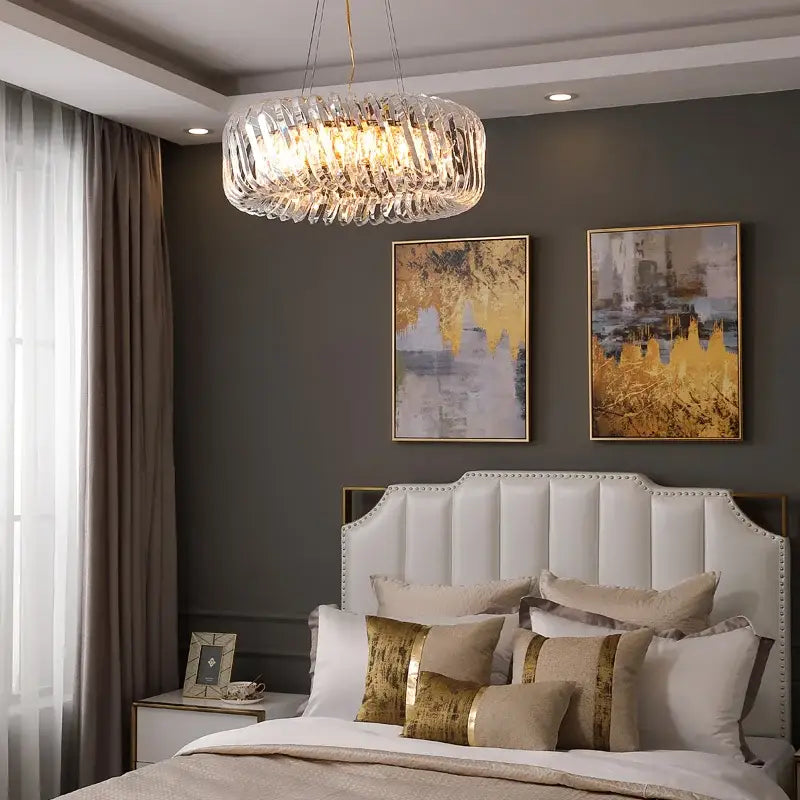 Modern circular crystal led ceiling chandelier with clear crystal design and warm lights for dining room decorbites crystal led