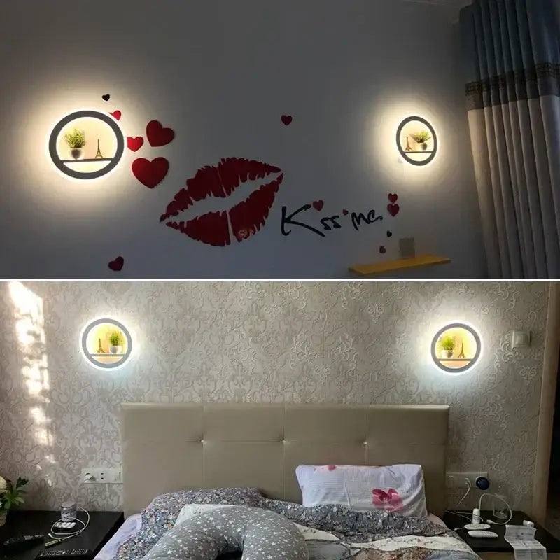 Modern circular dimmable led wall lamp with glowing white ring and shelves holding potted plants for bedroom use