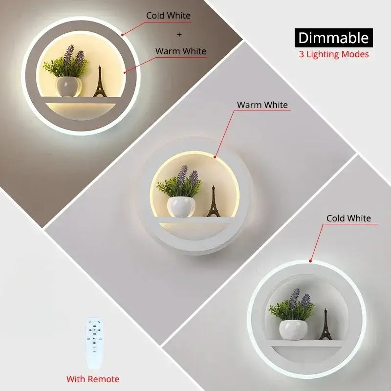 Modern circular dimmable led wall lamp with remote control featuring sleek white design and adjustable warm and cold lighting