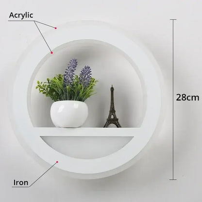 Modern white circular dimmable led wall lamp with acrylic iron shelf and remote control for bedroom use