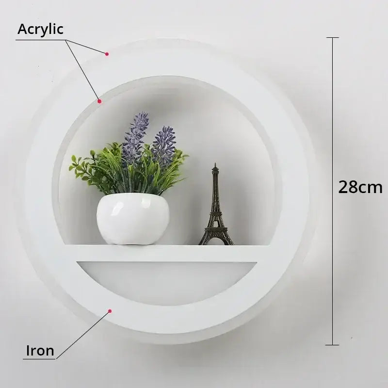 Modern white circular dimmable led wall lamp with acrylic iron shelf and remote control for bedroom use