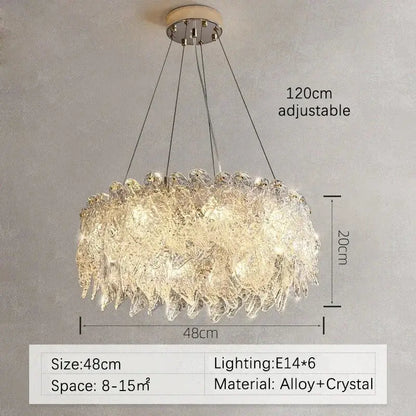 Modern circular glass petal led chandelier with adjustable alloy base and crystal petals for elegant dining room lighting