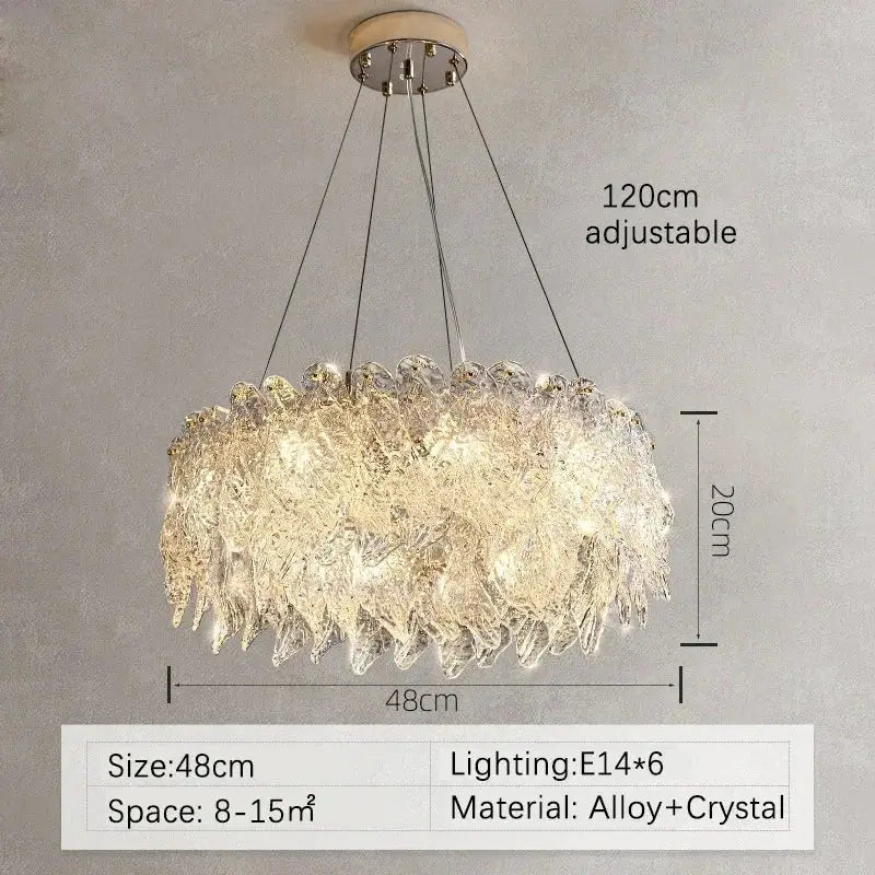 Modern circular glass petal led chandelier with adjustable alloy base and crystal petals for elegant dining room lighting