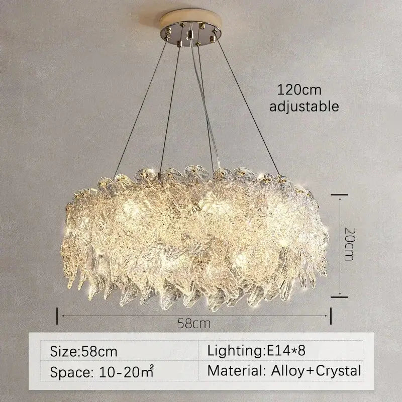 Modern circular glass petal led chandelier with 120cm adjustable alloy base and cascading crystals for dining room