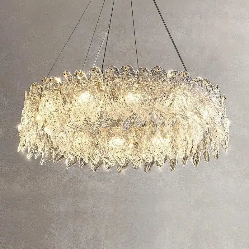 Modern circular glass petal led chandelier with clear textured glass petals designed for dining room lighting