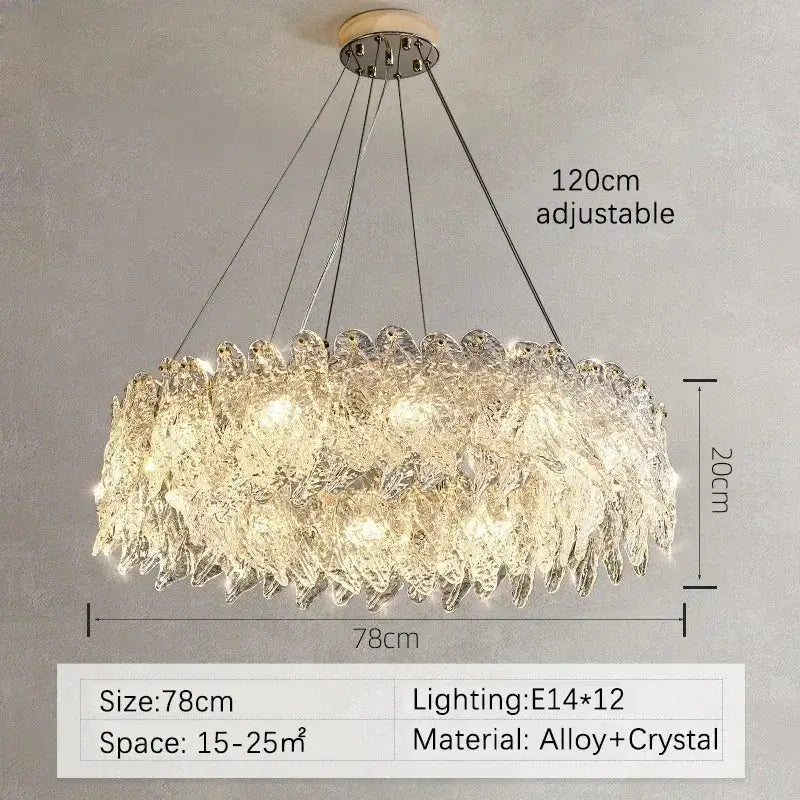 Modern circular glass petal led chandelier with metallic alloy frame and cascading crystal leaves for dining room lighting