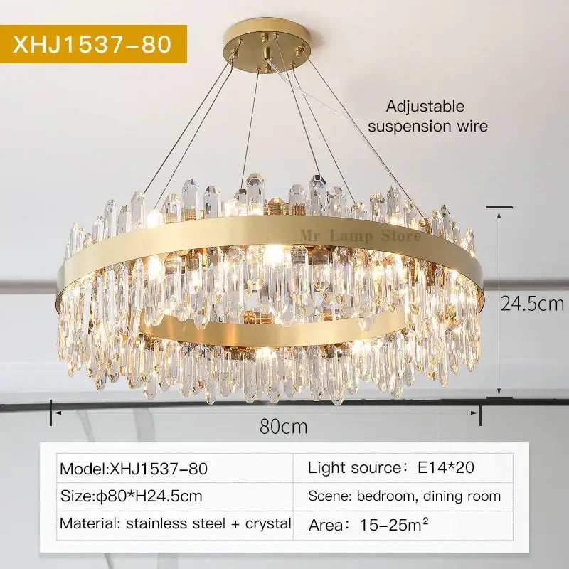 Modern circular gold decorbites crystal chandelier with cascading prisms and adjustable suspension for living room