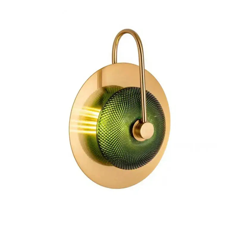 Modern circular green copper wall lamp wall sconce with gold-toned arm and textured green glass shade decorbites circular green