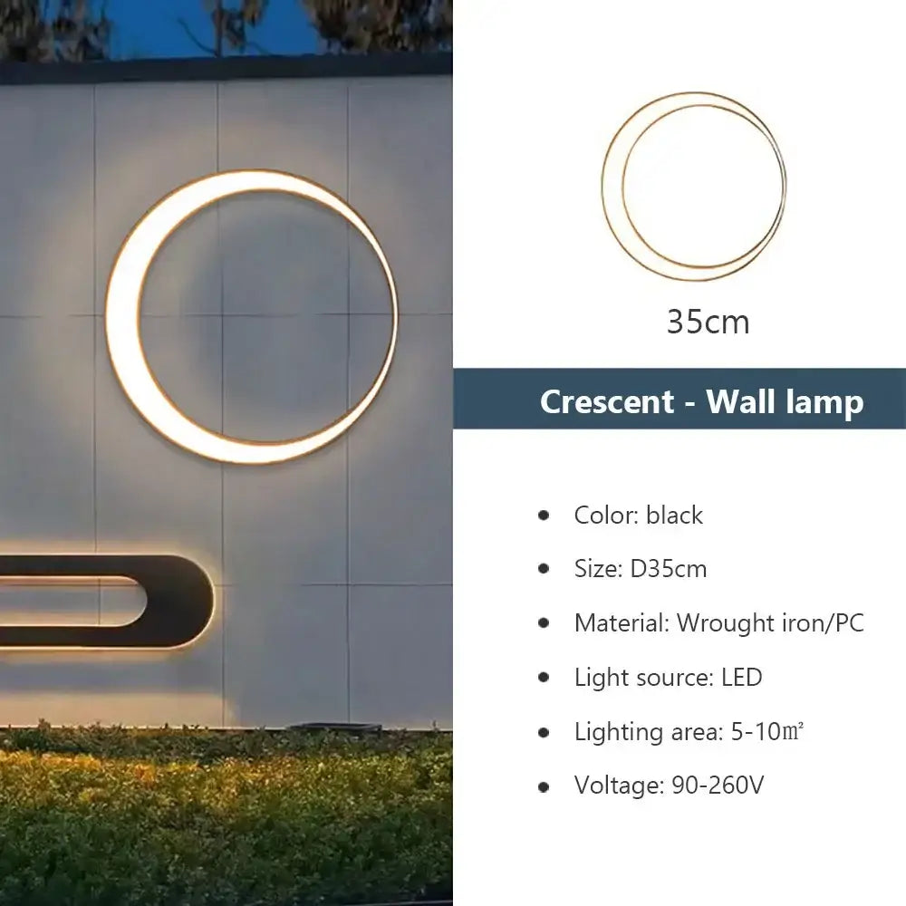 Black crescent-shaped wall lamp made of wrought iron and pc with led lighting for outdoor space decorbites elegant curved design