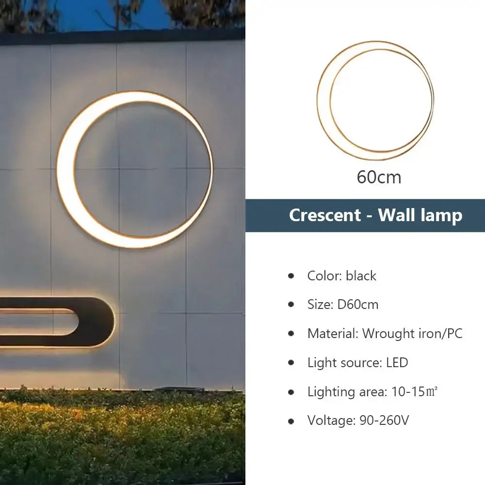 Black crescent-shaped modern circular led wall lamp made of wrought iron and pc for outdoor space decorbites elegant curved design