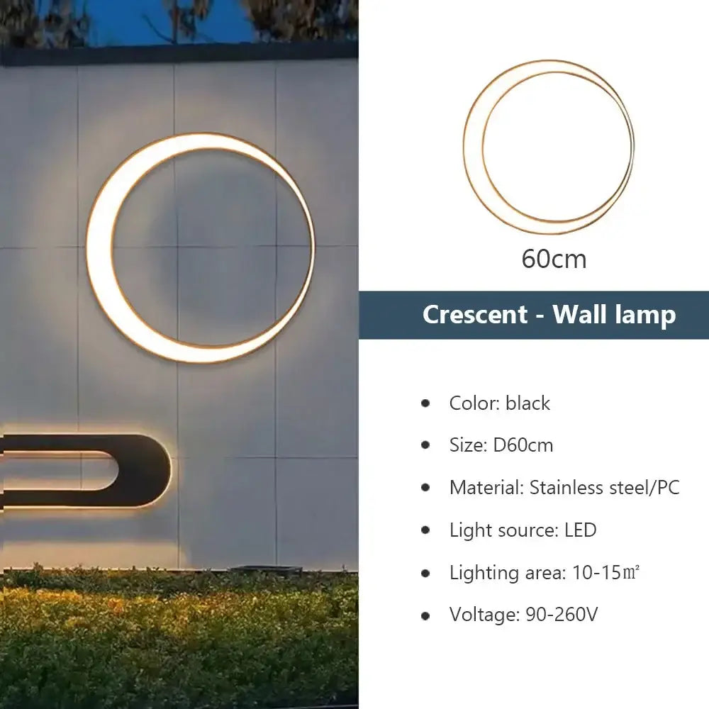 Black crescent-shaped modern circular led wall lamp with stainless steel and pc frame for outdoor space decorbites elegant curved design