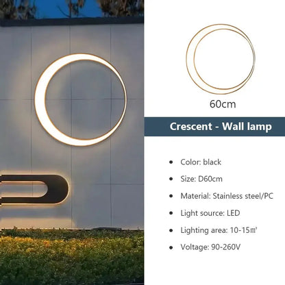 Black crescent-shaped modern circular led wall lamp with stainless steel and pc frame for outdoor space decorbites elegant curved design