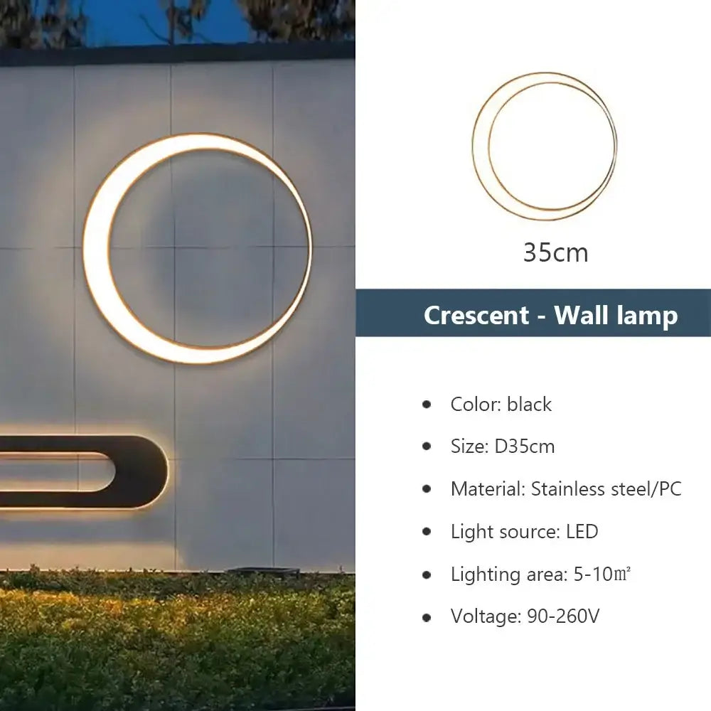 Modern circular led wall lamp black crescent shaped with stainless steel and pc frame for outdoor space decorbites elegant curved lighting