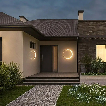 Modern circular led wall lamp with warm glowing ring design for outdoor space decorbites elegant curved style