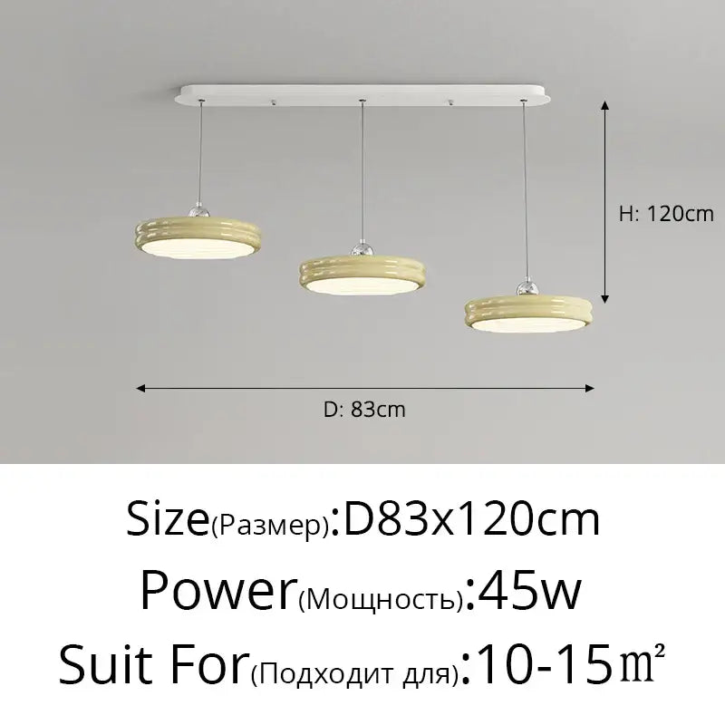 Cream-colored decorbites circular modern pendant light with three circular shades and a sleek rectangular ceiling mount