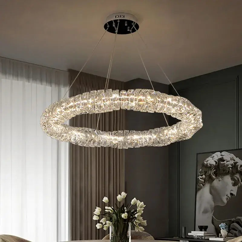 Modern circular textured crystal chandelier pendant light with warm led lighting ideal for living room decorbites dimmable crystal