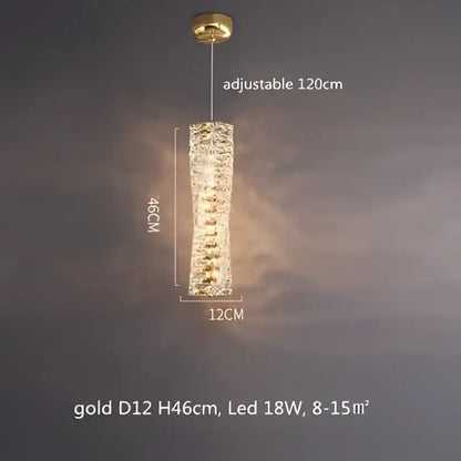 Gold cylindrical pendant light with textured crystal body and adjustable 120cm hang length for modern living room decorbites dimmable crystal chandelier