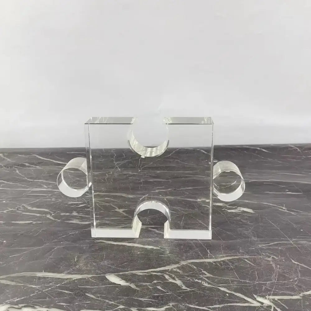 Modern clear acrylic crystal geometric puzzle bookends with three circular cutouts for living room decorbites crystal geometric use