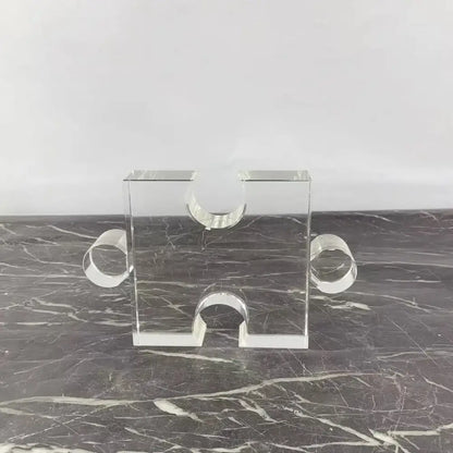 Modern clear acrylic crystal geometric puzzle bookends with three circular cutouts for living room decorbites crystal geometric use