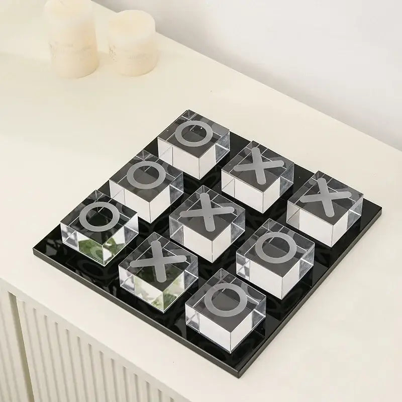 Modern clear acrylic tic tac toe set with engraved black symbols on sleek black base for decorbites geometric crystal chess