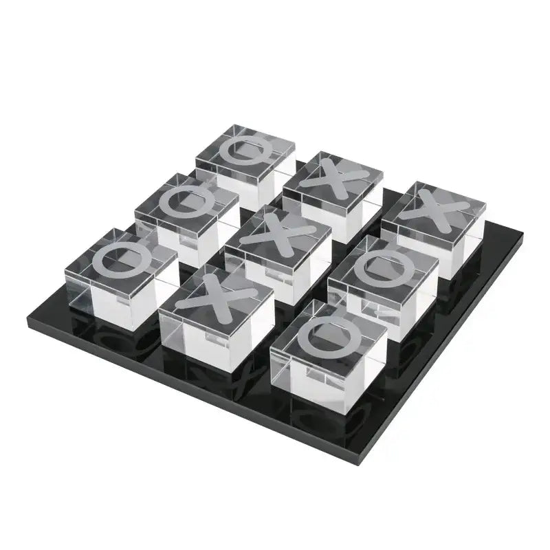 Modern clear acrylic tic tac toe set with engraved black o and x symbols on sleek black base decorbites geometric crystal chess