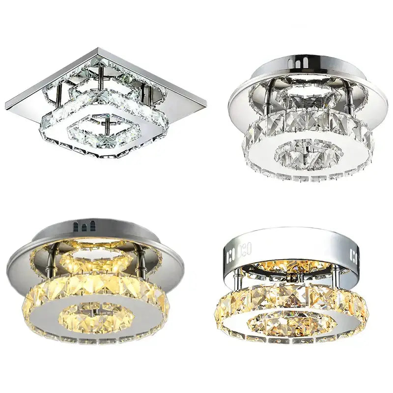 Modern clear and amber crystal led ceiling lights with chrome frames and cascading glass elements by decorbites crystal led