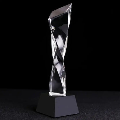 Modern clear and blue glass twisted column trophy with clear crystal design and black base for office awards decorbites blue glass
