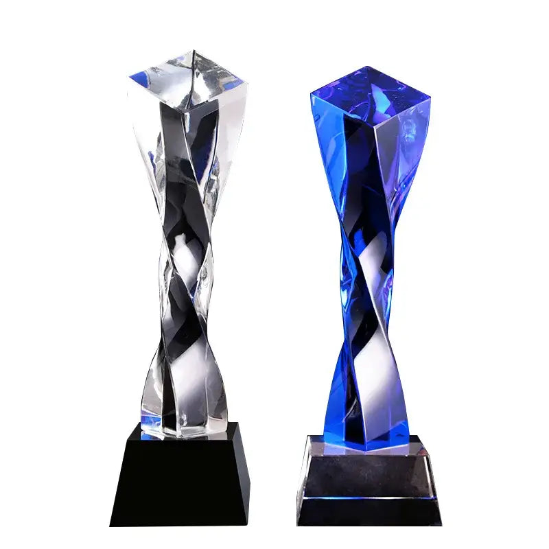Modern clear and blue glass twisted column trophy office award featuring two decorbites blue glass twisted crystal trophies