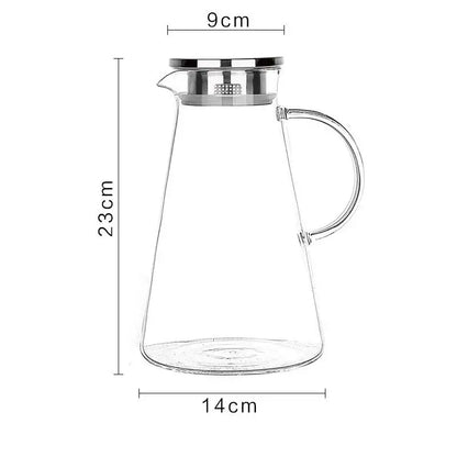 Modern clear borosilicate glass pitcher with stainless steel lid and built-in mesh infuser for kitchen use