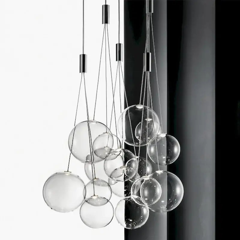 Modern clear bubble glass pendant light with clear spherical bulbs and black fixtures for dining room decorbites bubble glass