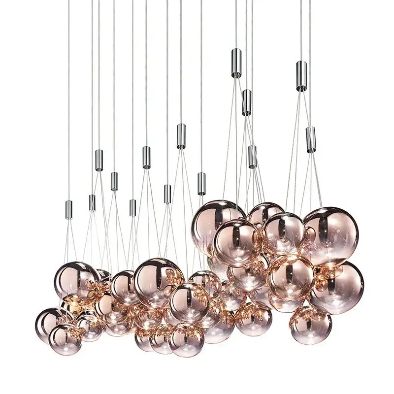 Modern clear bubble glass pendant light with rose gold glass spheres and chrome accents for dining room decorbites bubble glass