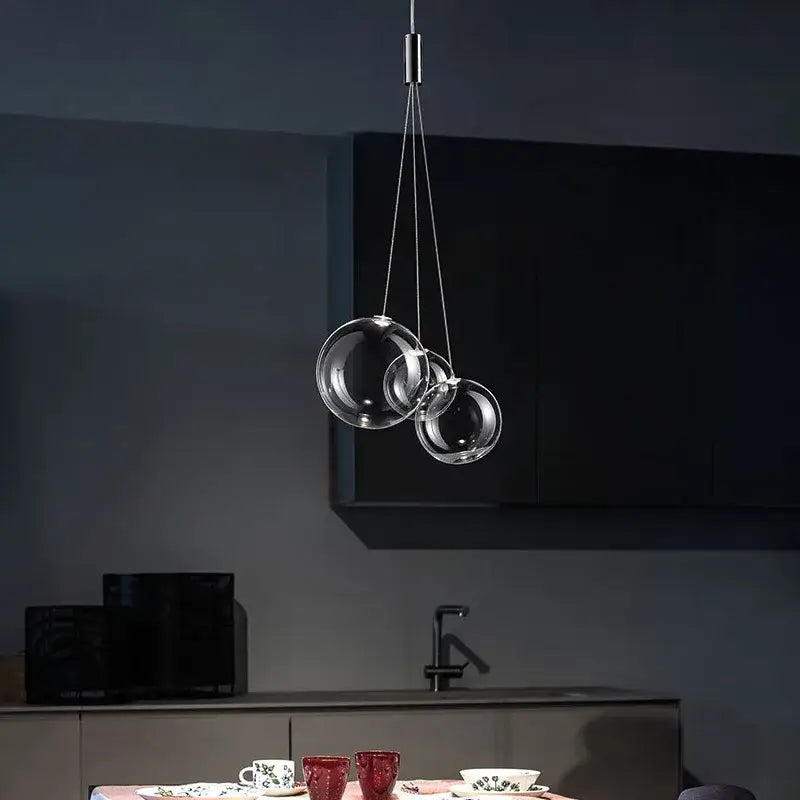 Modern clear bubble glass pendant lights with three transparent spherical bulbs for kitchen island decorbites bubble glass