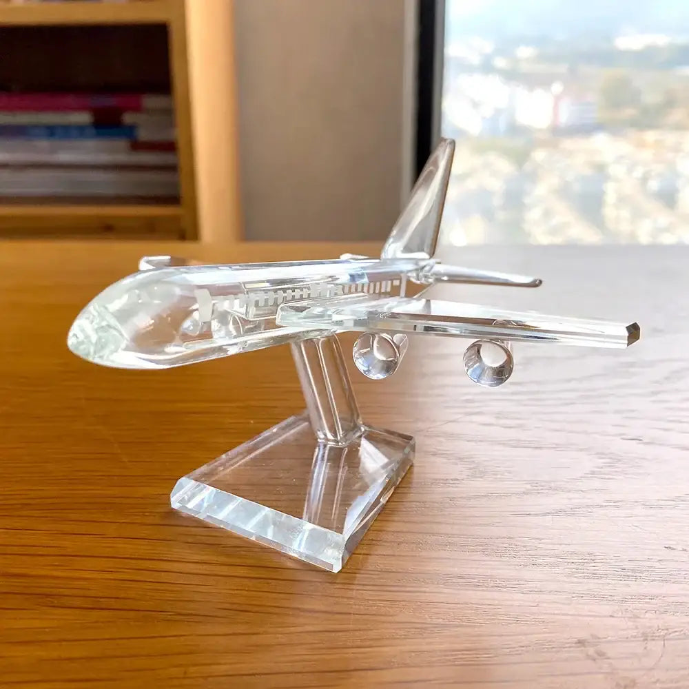 Modern clear crystal aircraft figurine with matching stand showcasing decorbites crystal aircraft living room decor