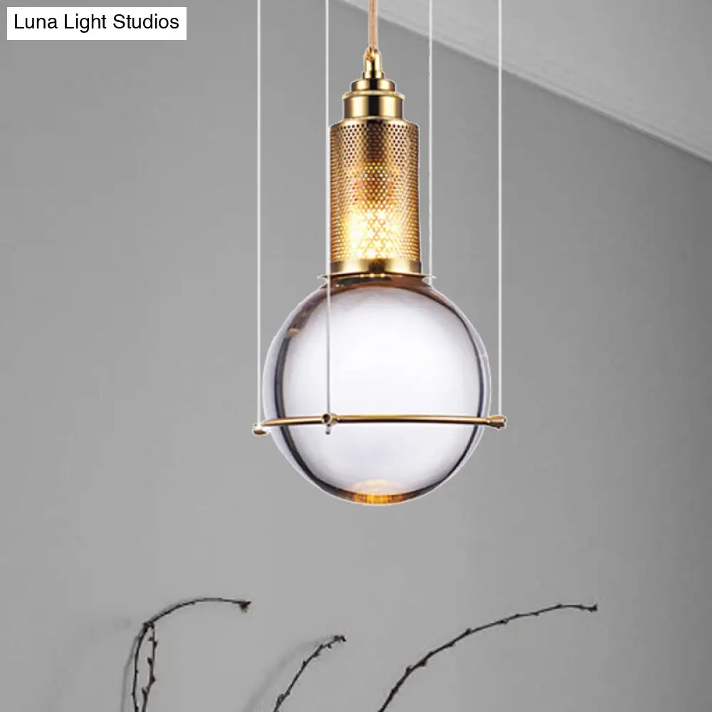 Modern Clear Crystal Ball Pendant Lamp with LED, Gold Mesh Cage - Warm/White Bedroom Hanging Light