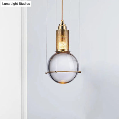 Modern Clear Crystal Ball Pendant Lamp with LED, Gold Mesh Cage - Warm/White Bedroom Hanging Light