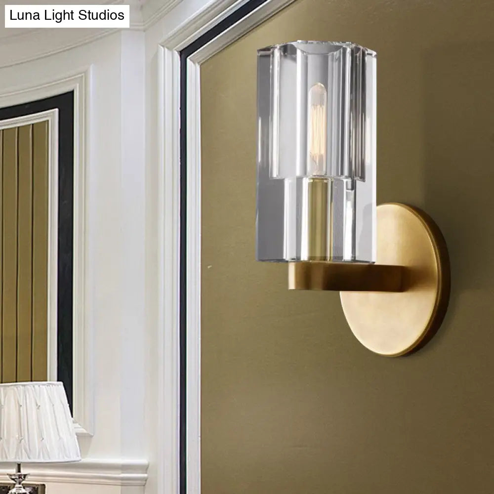 DecorBites™ DecorBites™ Modern Clear Crystal Cylinder Wall Lamp with Brass Backplate - 1 Light Fixture