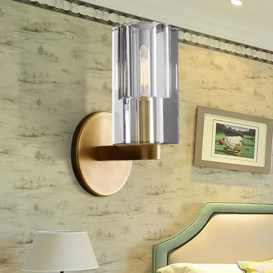 DecorBites™ DecorBites™ Modern Clear Crystal Cylinder Wall Lamp with Brass Backplate - 1 Light Fixture