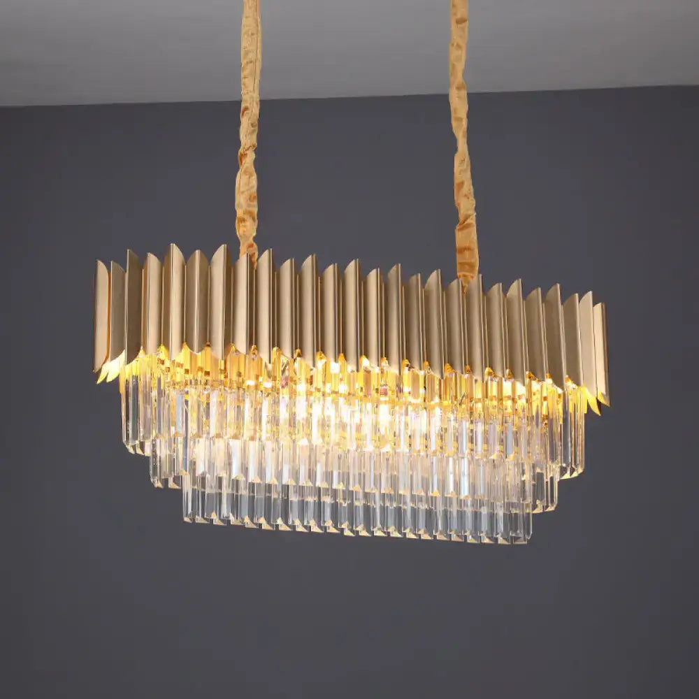 Gold finish DecorBites modern pendant lamp with rectangular crystal tiers and twisted rope suspension for dining rooms