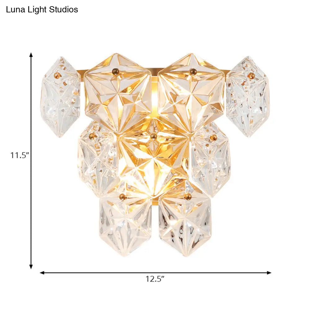 DecorBites™ DecorBites™ Modern Clear Crystal Hexagon Wall Light with Brass Finish - 2 Lights, 8.5"/12.5" Width - Perfect for Living Room