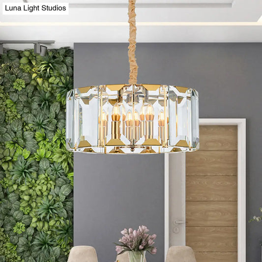 Lámpara colgante moderna de cristal transparente con forma de tambor y 6 luces - Lámpara de comedor