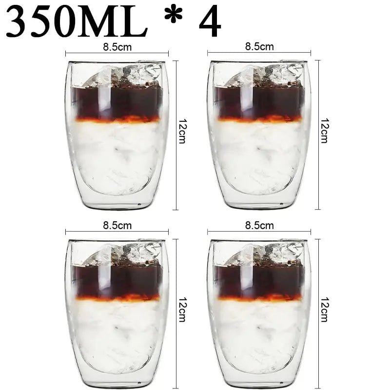 Set of four clear double wall borosilicate glass tumblers with 350ml capacity filled with ice and dark beverage