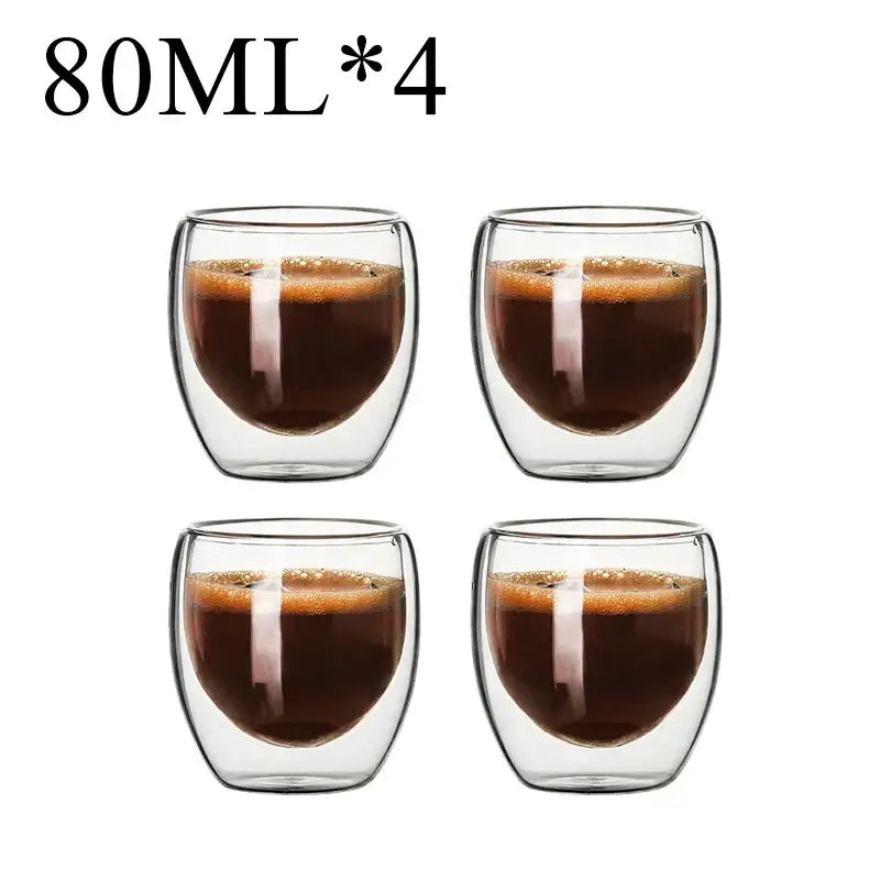 Set of four clear double wall borosilicate glass espresso cups 80ml for modern kitchen use