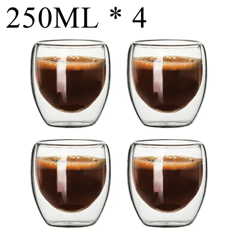 Set of four clear double wall borosilicate glass coffee cups each holding 250ml for modern kitchen use