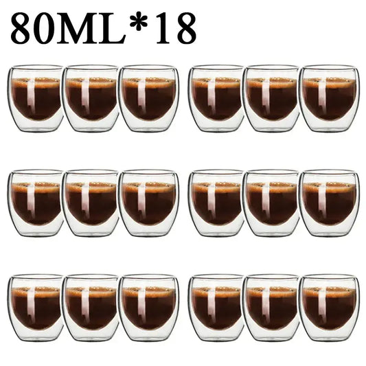 Set of 18 clear double wall borosilicate glass espresso cups each holding 80ml for modern kitchen use
