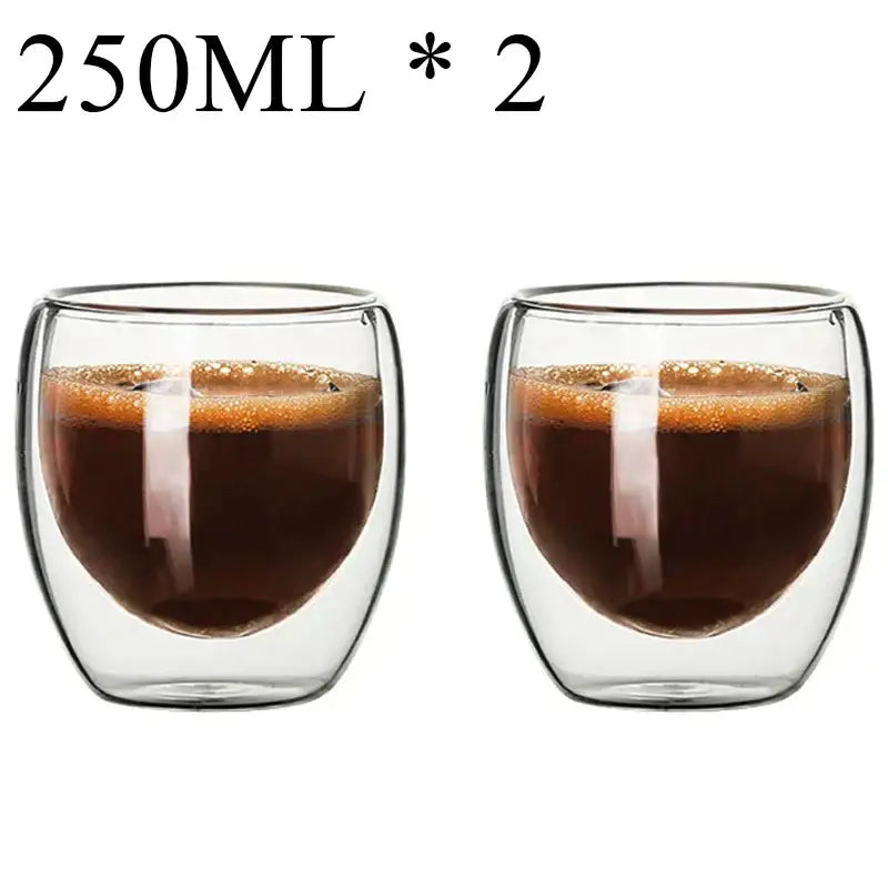 Modern clear double wall borosilicate glass espresso cups set with 250ml capacity holding dark espresso with frothy top