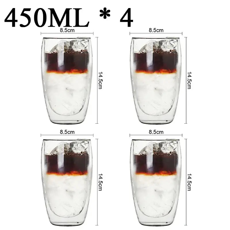Clear double wall borosilicate glass tumblers 450ml filled with ice and layered coffee for modern espresso use